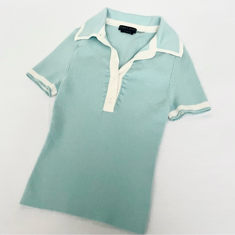 alice + olivia Pia Ribbed Knit Contrast Trim Short Sleeve Baby Blue Polo Sweater